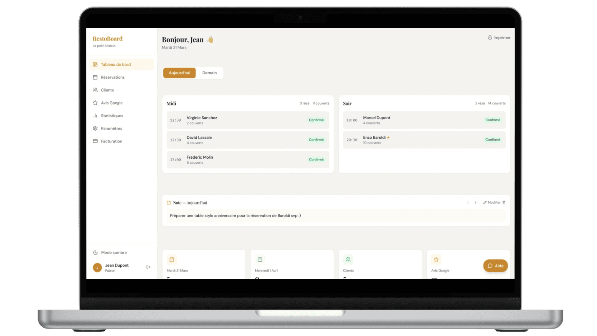 Dashboard RestoBoard — Vue des réservations du jour sur ordinateur
